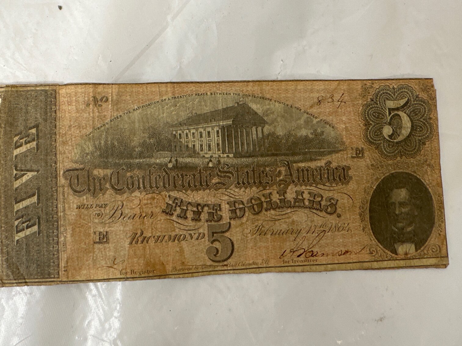 1861 Confederate States of America $5 Currency
