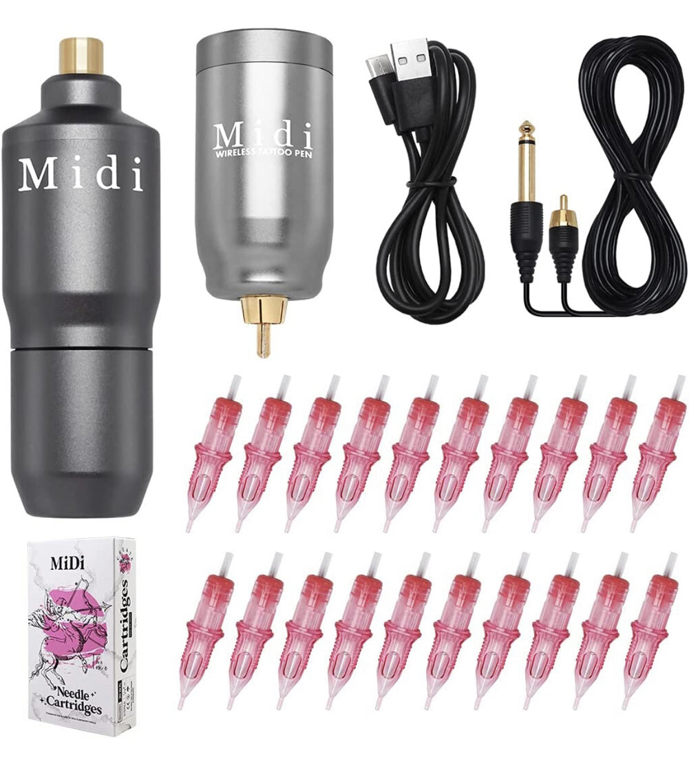 Midi Wireless Tattoo Kit Rotary Pen Machine Pink Cartridges