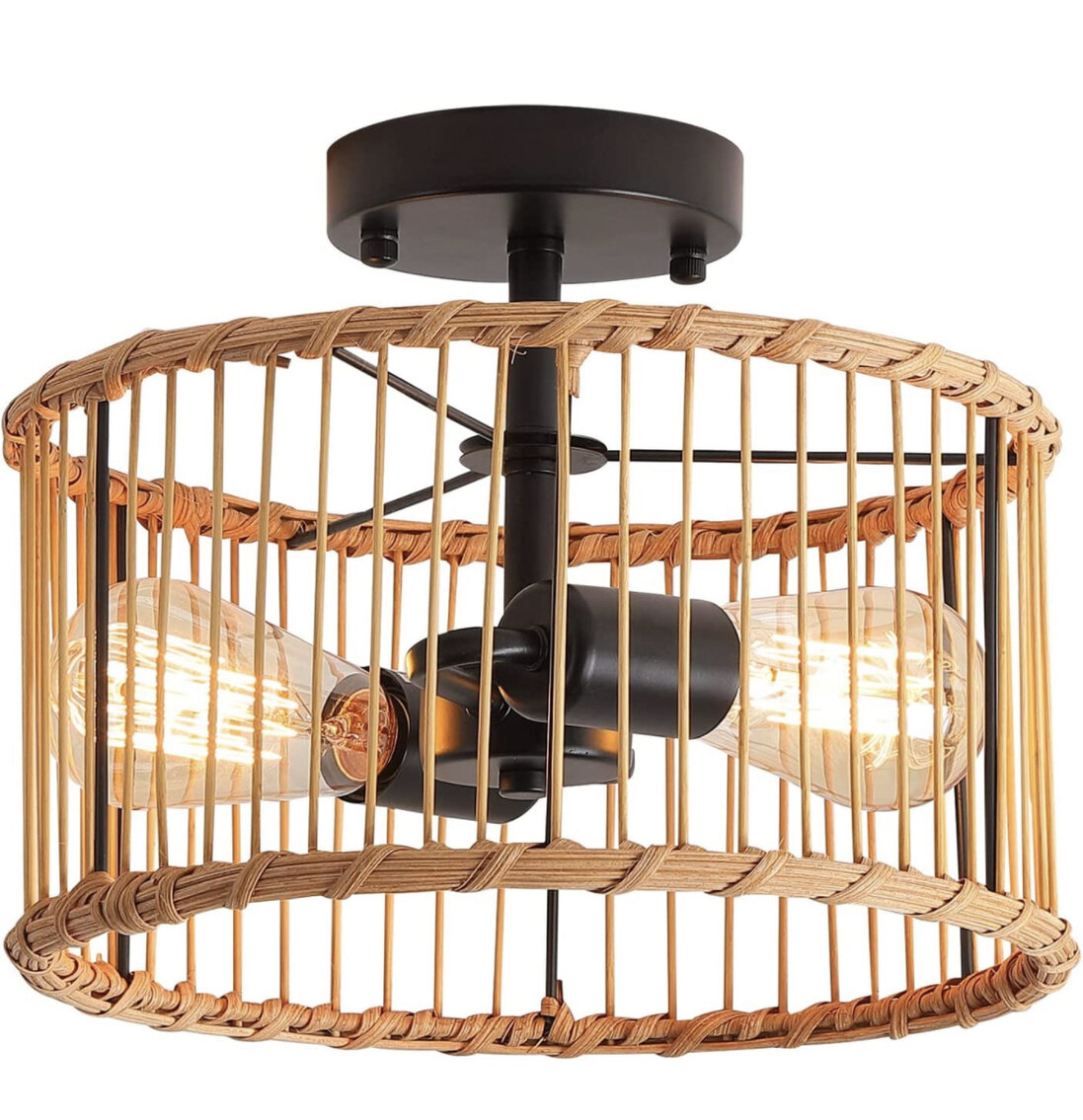 Farmhouse Rattan Flush Mount Light Fixture 