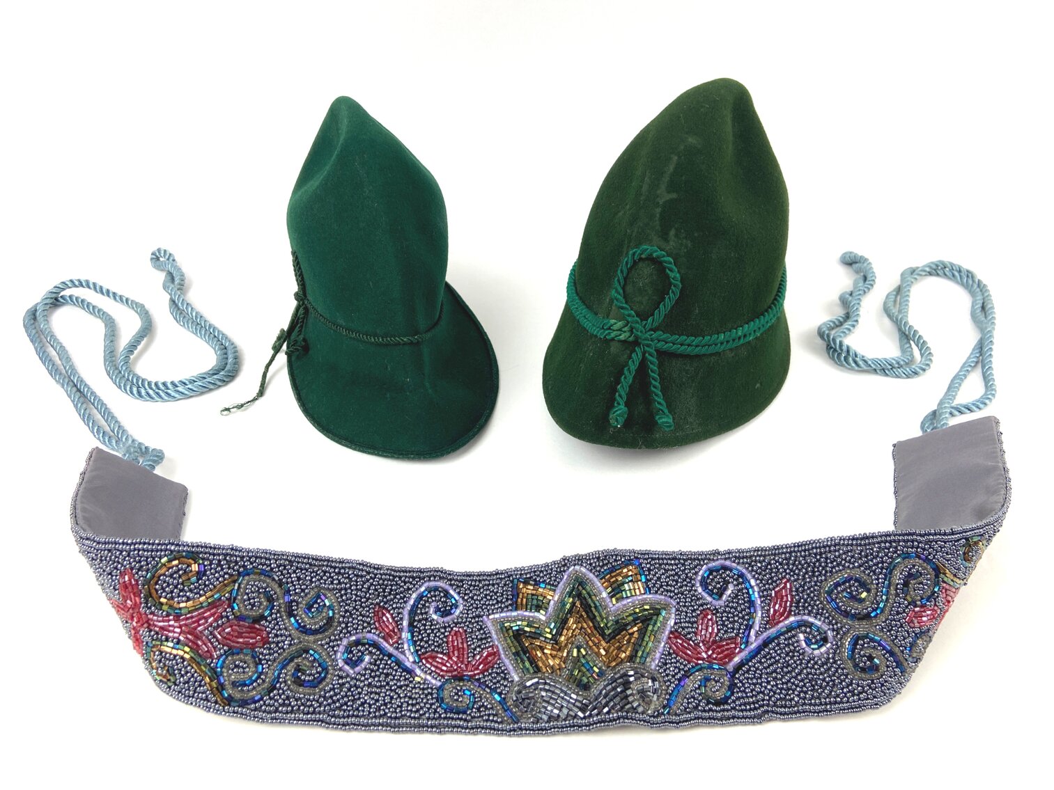 1980s Beaded Belt / Cumberbund & 2 Vintage Green Alpine-Style Hats
