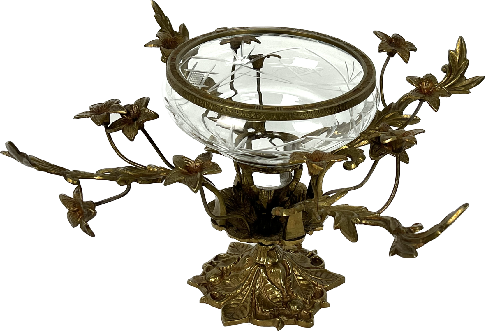 Brass Floral Epergne with Cut Glass Center