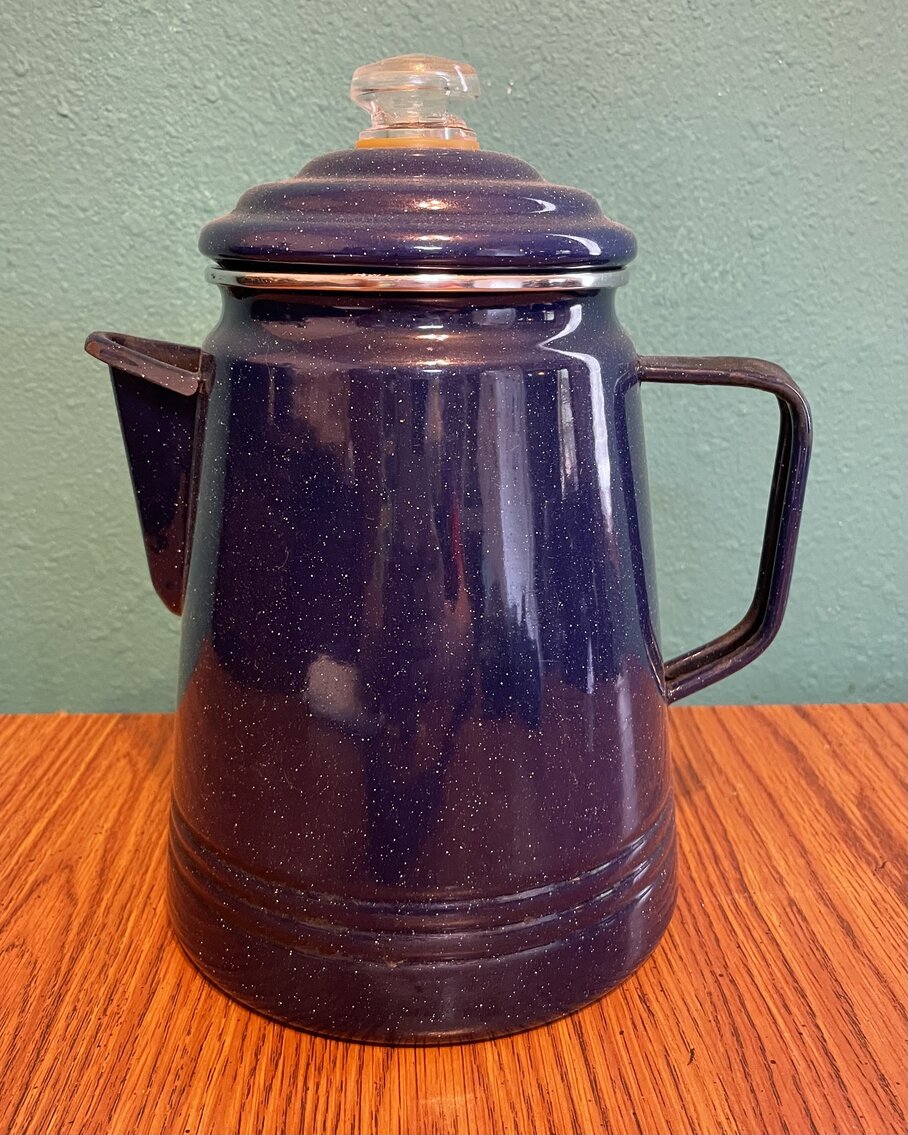Vintage Blue and White Speckled Enamel Coffee Maker 10”