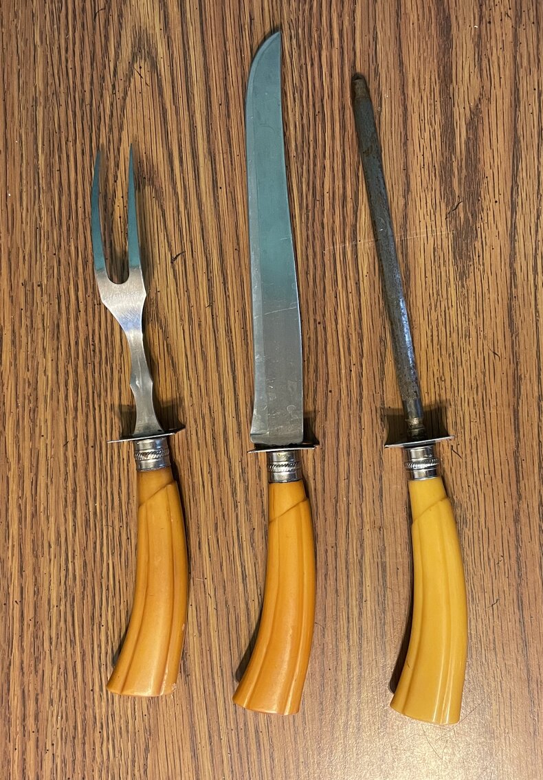 Vintage Yellow Bakelite Sheffield 3pc Meat Carving Set