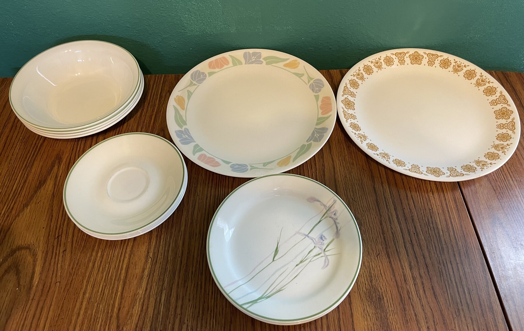 Vintage Correlle - Friendship & Butterfly Gold Dinner Plates; 3 Shadow Iris Salad Plates, 4 Bowls and 4 Saucers