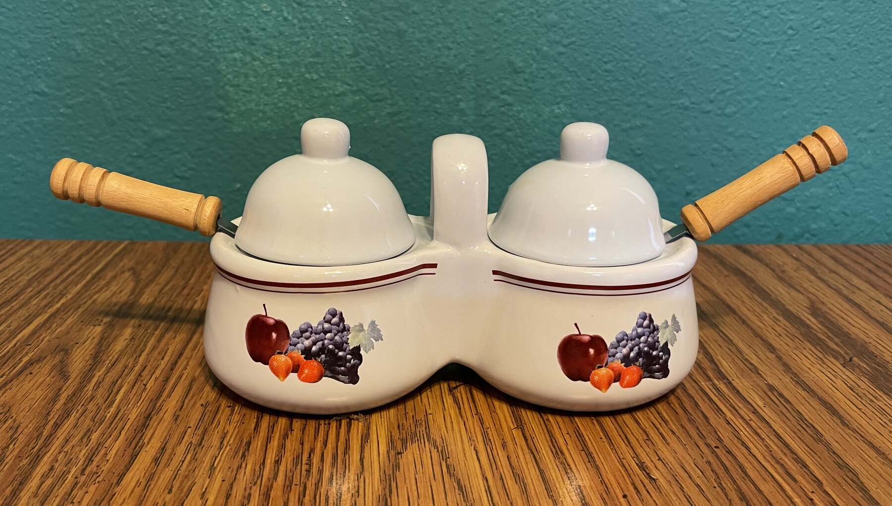 Vintage Ceramic Houston Harvest Lidded Condiment Bowl with Spoons