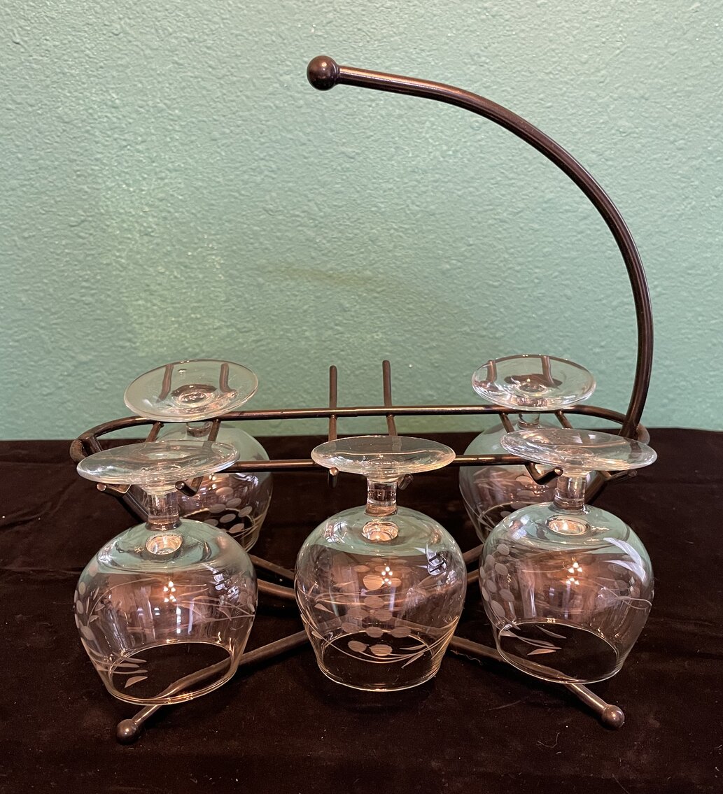 Vintage Hand Blown Crystal Etched Grapes Cordial/Brandy Snifters w/Holder
