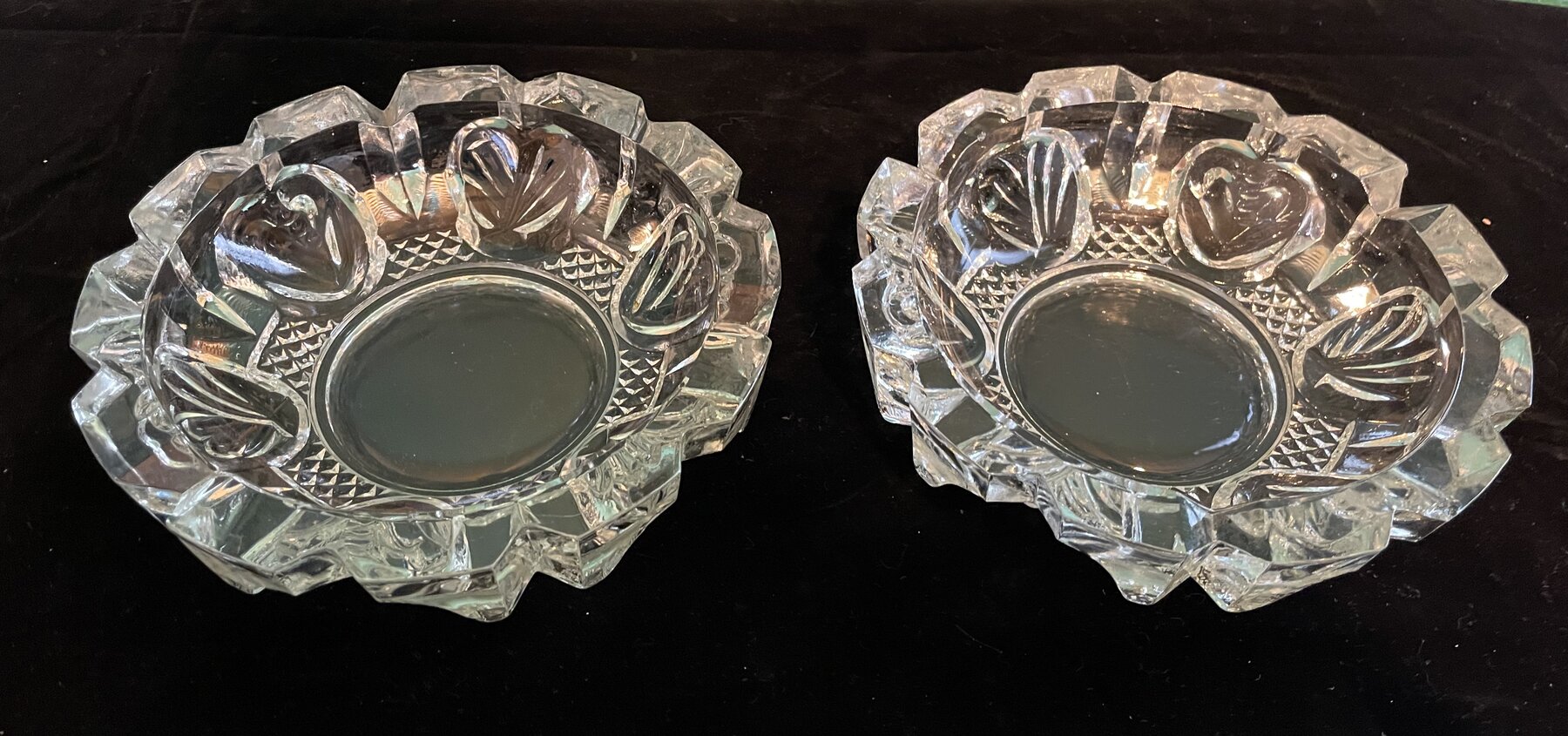 Set of 2 Heavy Cut Glass Ashtrays/Dishes 7”