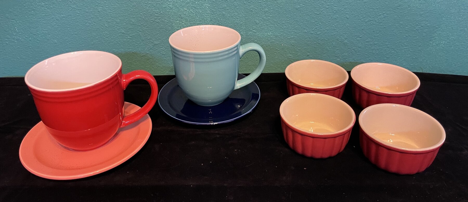 Two Ceramic Mugs w/Underplates and 4 Ramekins
