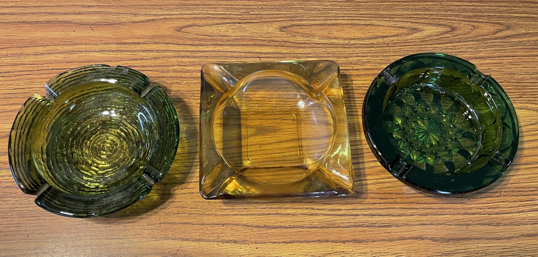 Three Large Vintage Green and Amber Glass Ashtrays 6”