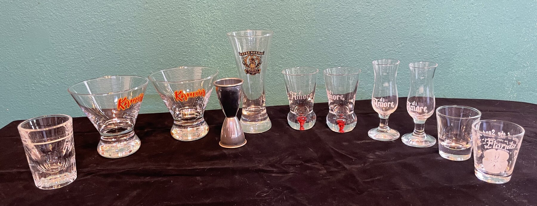 Lot of Cocktail, Cordial and Shot Glasses Plus Jigger