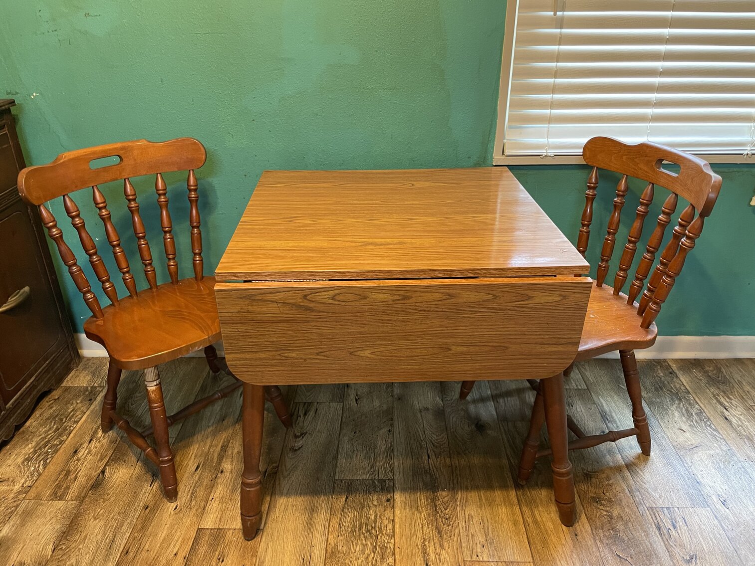 Vintage Drop Leaf Kitchen Table and Two Chairs 47.5” w/Sides up