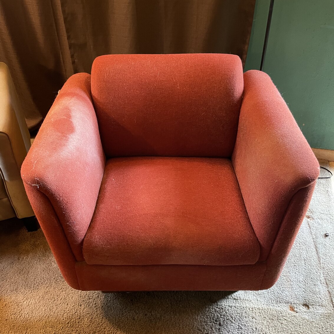 Vintage Mid Century Modern Orange Upholstered Arm Chair w/Wood Base- from home with smoker/pets