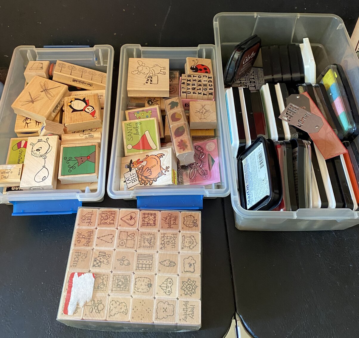 Large Lot of Wood Block Stamps and Ink Pads