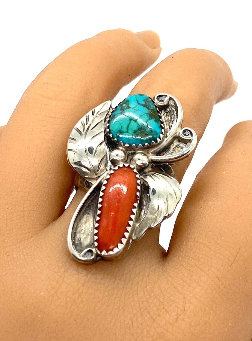 Sterling Silver Turquoise, Coral and Feather Ring - Size 7 1/4