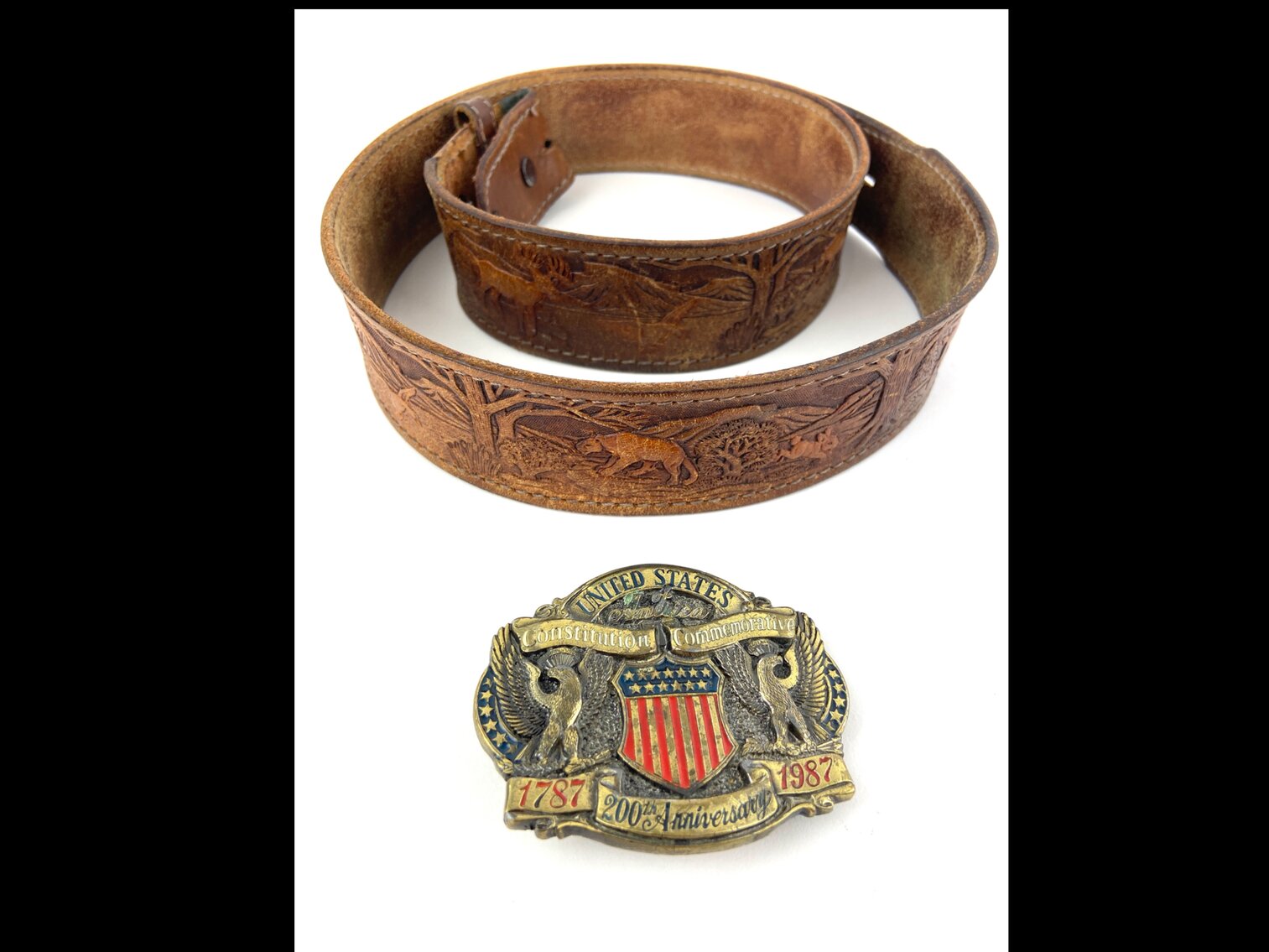 200th Anniversary US Constitution Dress Belt Buckle 1787-1987 & Tooled Leather Belt
