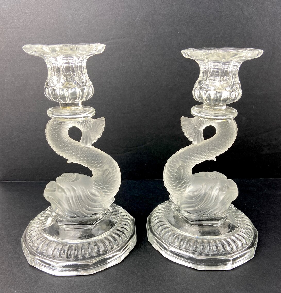 Vintage Dragon Clear and Frosted Satin Glass Candlestick Holders
