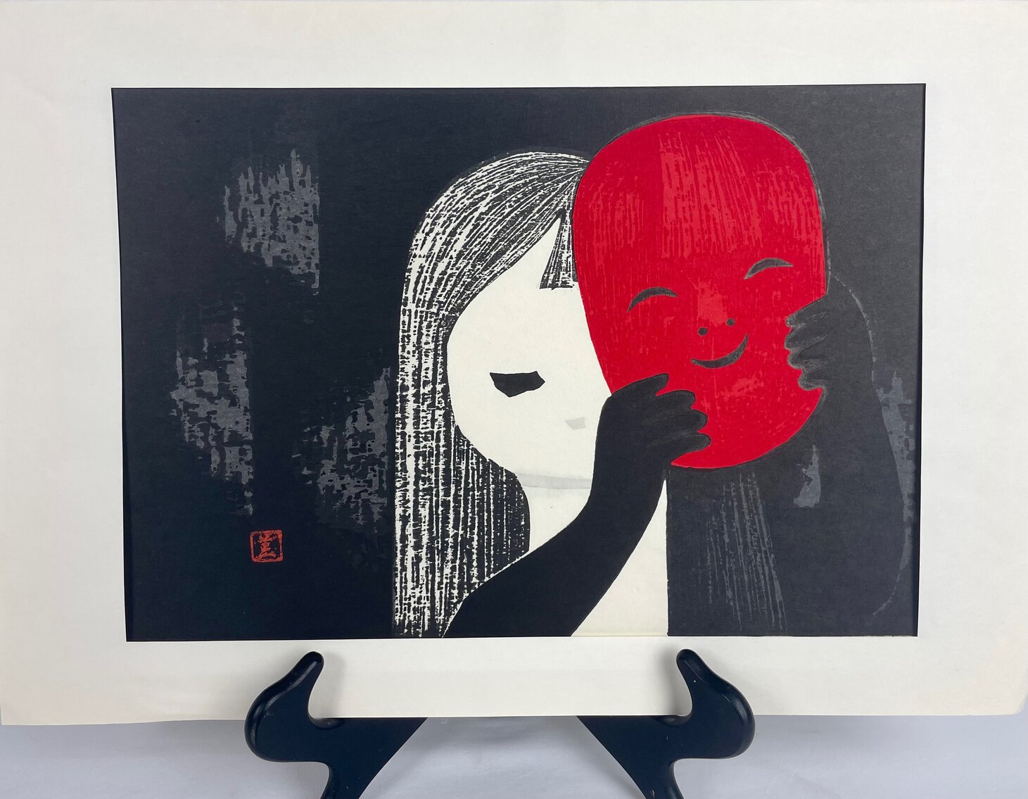 Signed 1950s Woodblock by Kaoru Kawano - Girl With Red Mask
