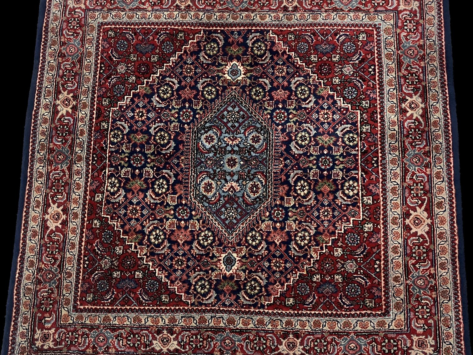 Wool Square Oriental Rug in Deep Reds and Blues - 48" x 48"