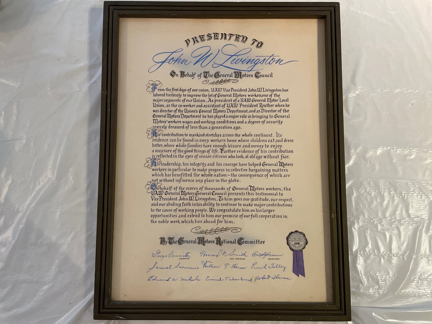 John W. Livingston AFL-CIO framed documents