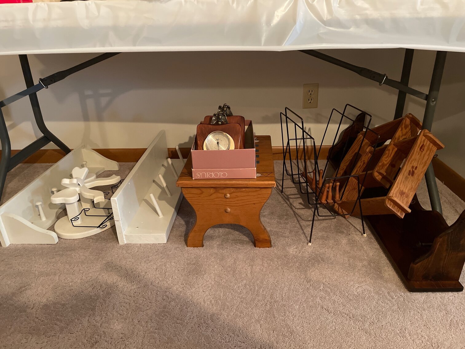 Wooden stool and wall shelves, metal magazine rack and more