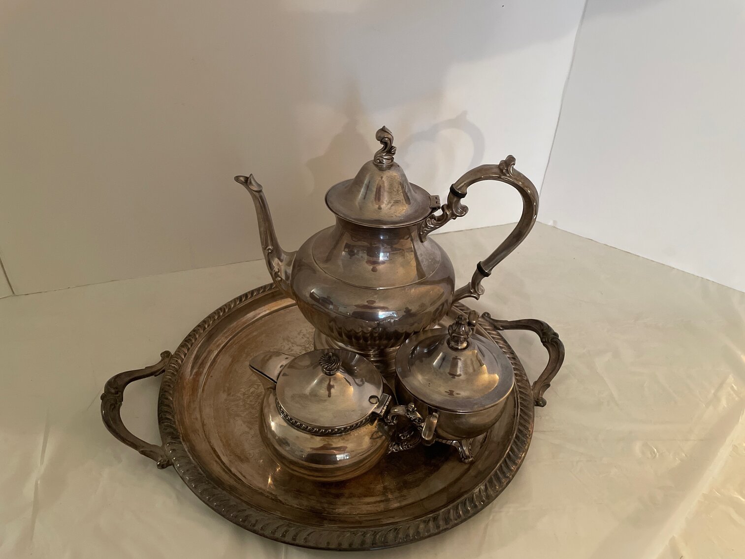 Serving tray with Coffee Pot, Cream, Sugar. 1 of 3