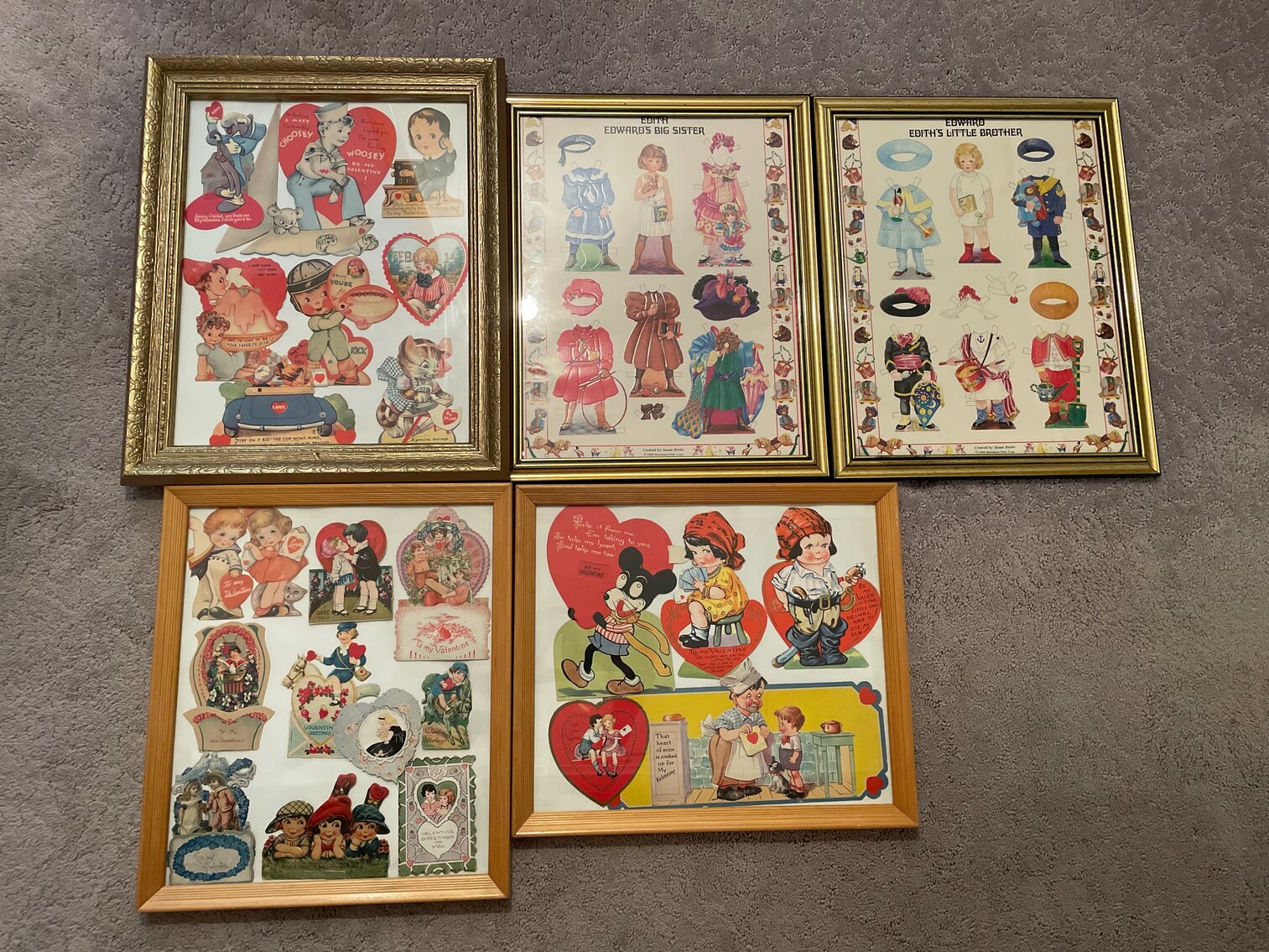 Framed vintage valentines and framed paper dolls