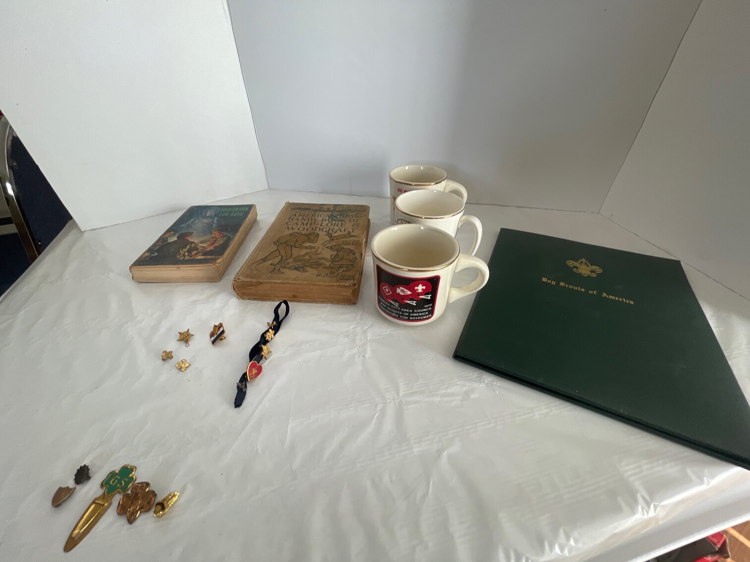 Boy Scout items, mugs, books, certificate holder