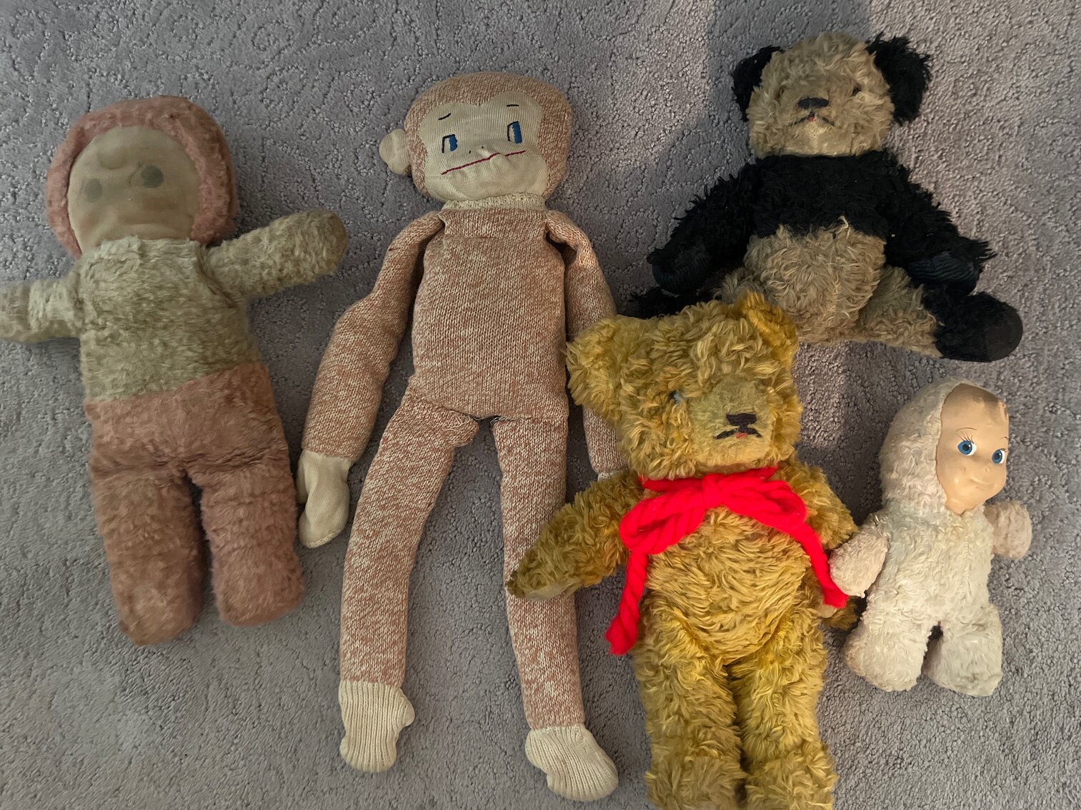 Vintage teddy bears, sock money, Raggedy Ann like doll