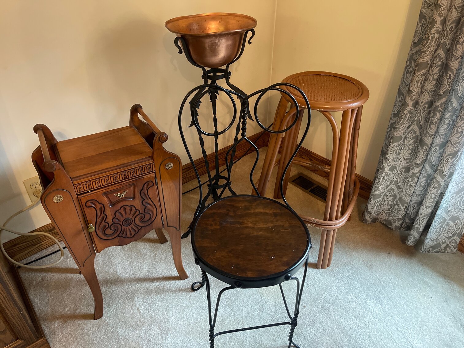 Magazine rack, copper kettle stand and more