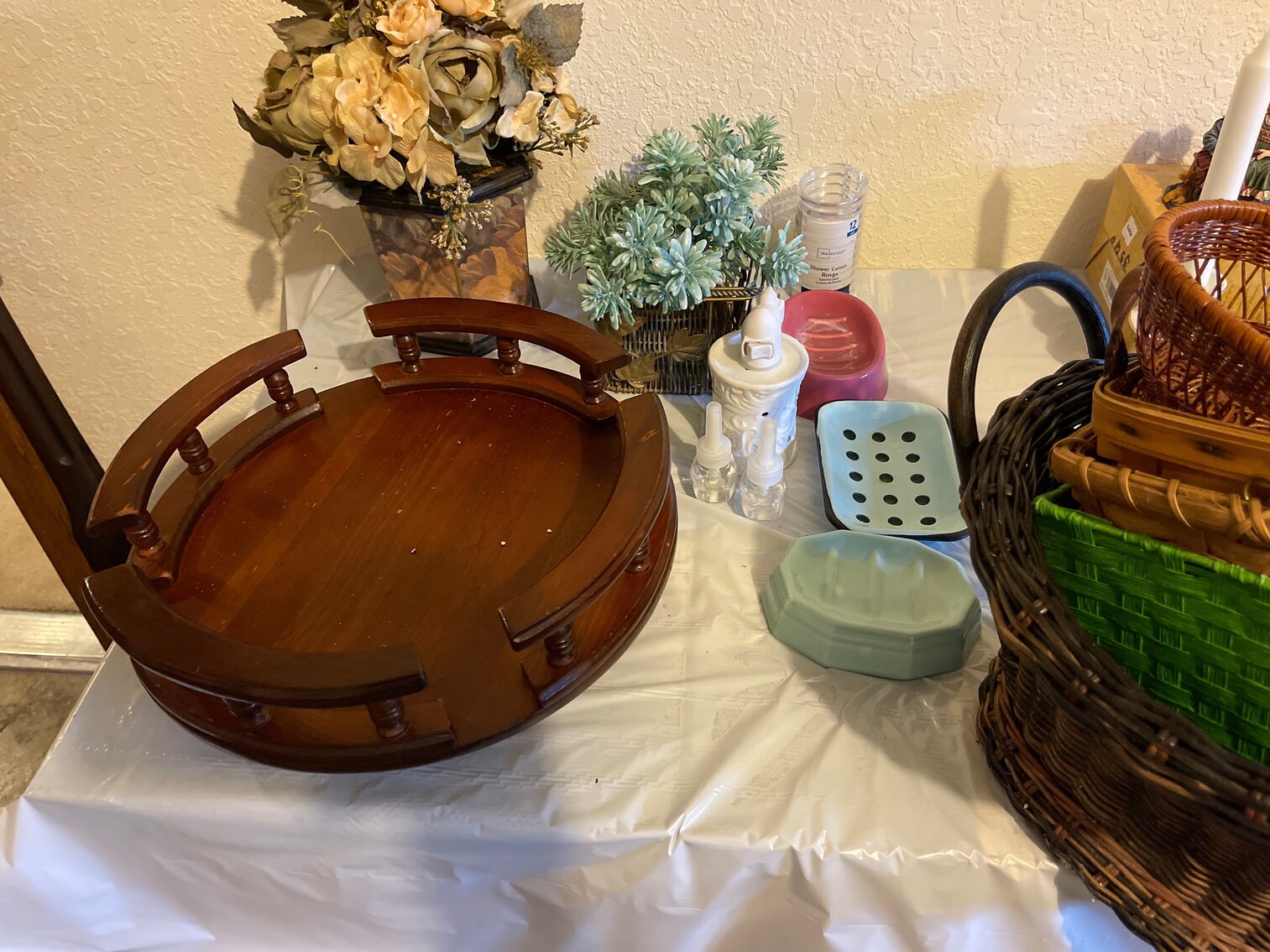 Lazy Susan, baskets, vintage bathroom soap tray and more