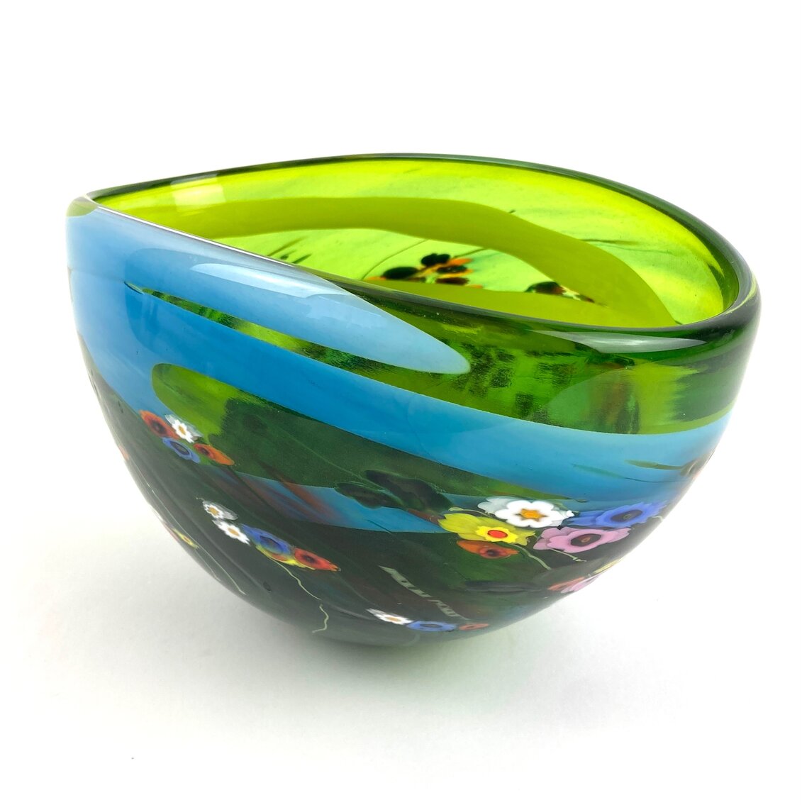 Shawn Messenger Signed Art Glass Bowl - Garden Series Turquoise Lime 2019