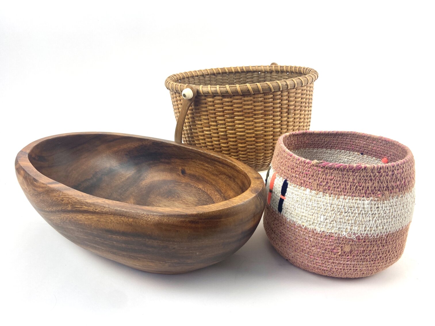 Pacific Merchants Acaciaware Wood Bowl, Woven Fabric Basket & Wood Base Woven Basket