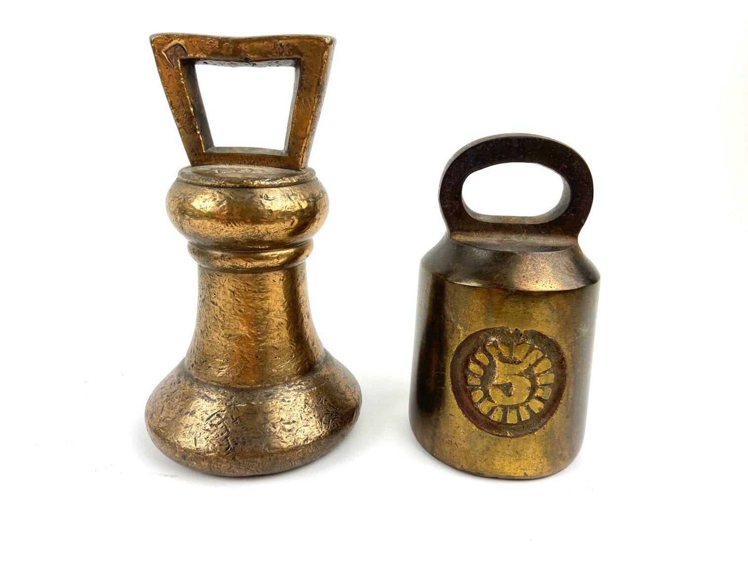 19th Century Scale Weights - 5lb Cast Iron and 7lb Brass