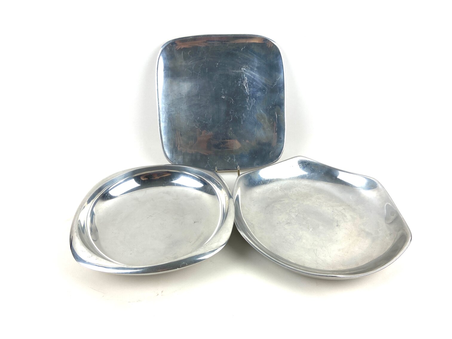 Three Nambé Serving Pieces - Square Bowl #W166, Platter #555 & Six Sided Platter # 533G 