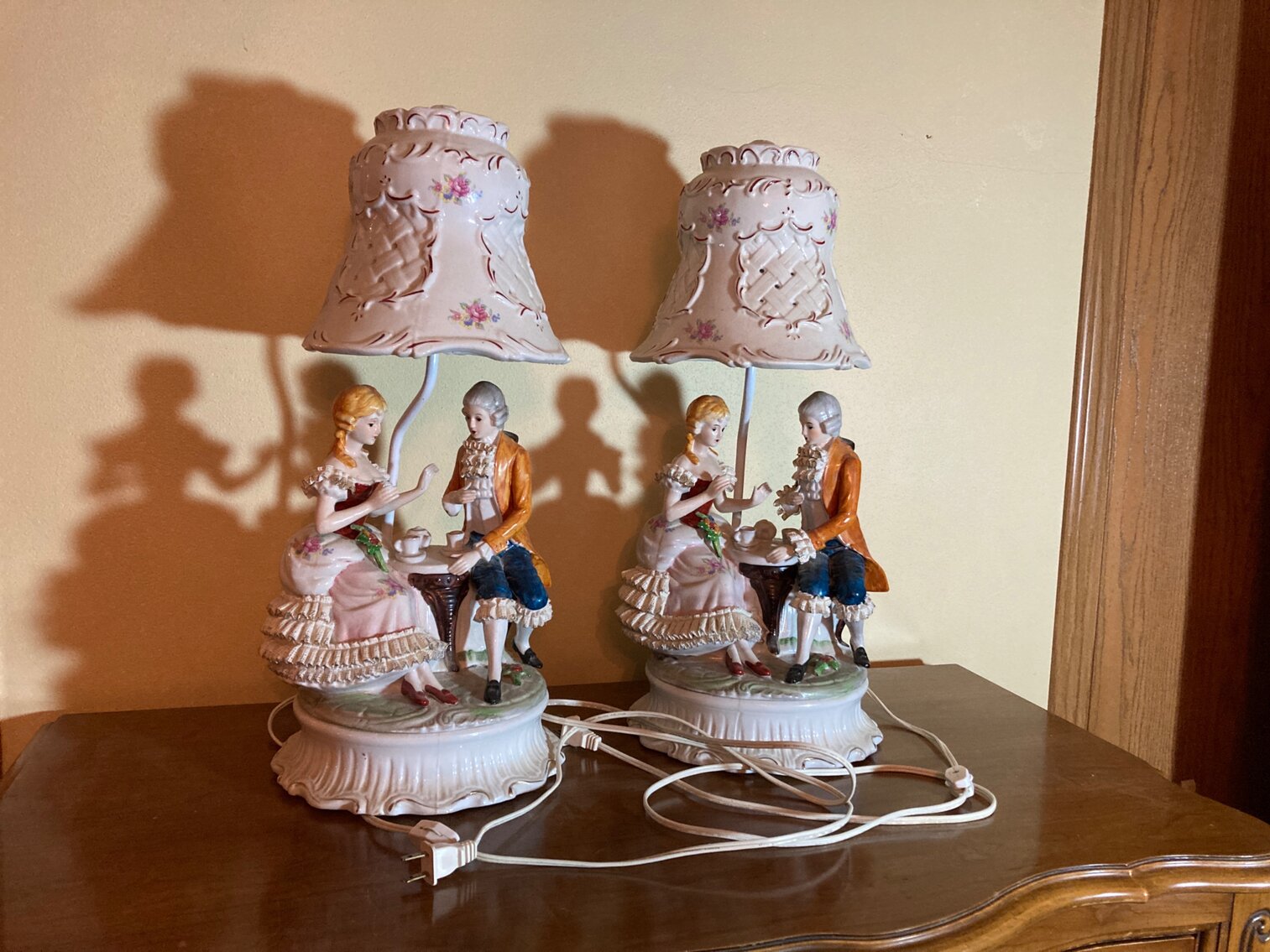 22” Pair French Porcelain Figurine Table Lamp with Porcelain Shade