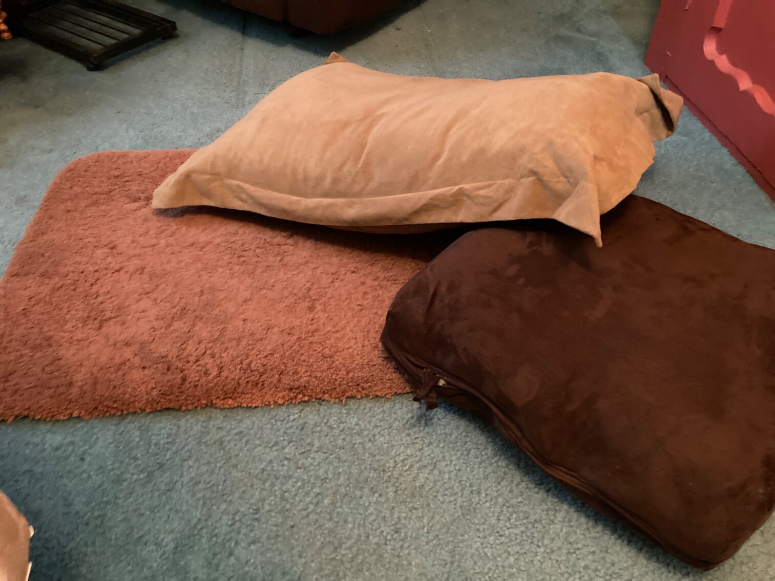 Brown Pillows and Rug, Sheets, Bed Skirt