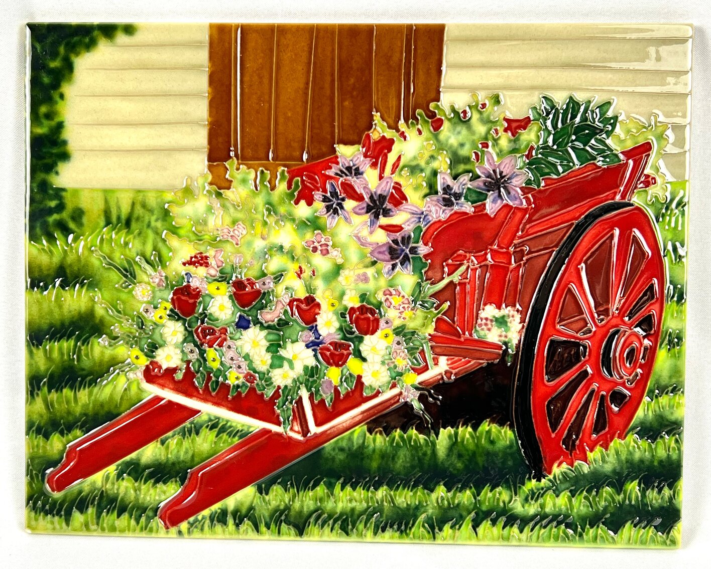 "Wheelbarrow of Flowers" Textured Colorful Ceramic Tile w/ Easel Back - 14" x 11"