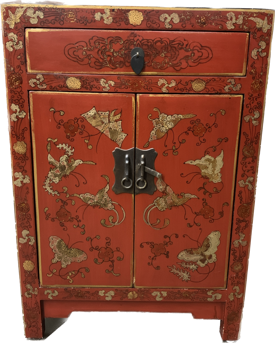 Vintage Chinese Handpainted Red Laquered Nightstand/ Side Table 