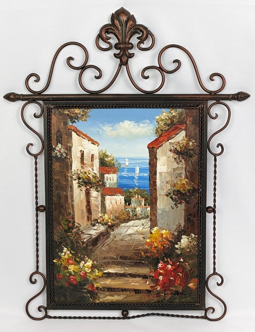 Signed Seaside Village Painting - Framed Oil on Canvas