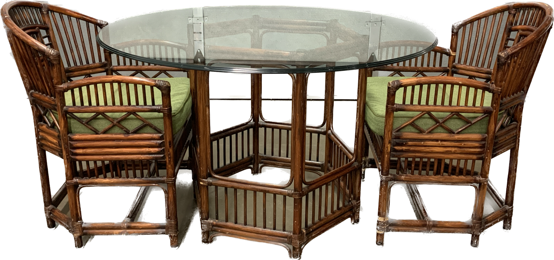 Vintage Brighton Pavilion Style Bamboo Caning Armchairs & Glass Top Table 