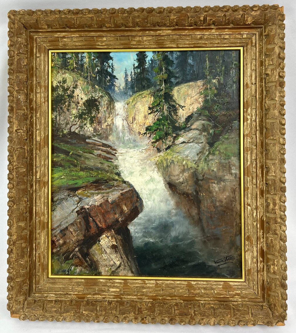 Kaare Steen: Signed, Framed Oil-On-Canvas Painting of A Rushing Mountain Stream