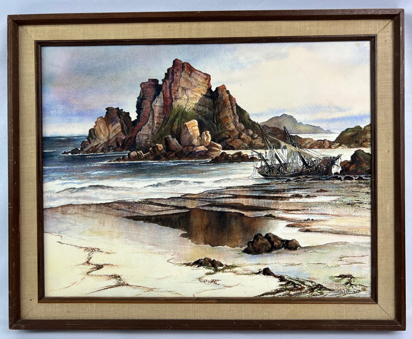 Signed Framed Vintage Watercolor Seascape - 21" x 16"