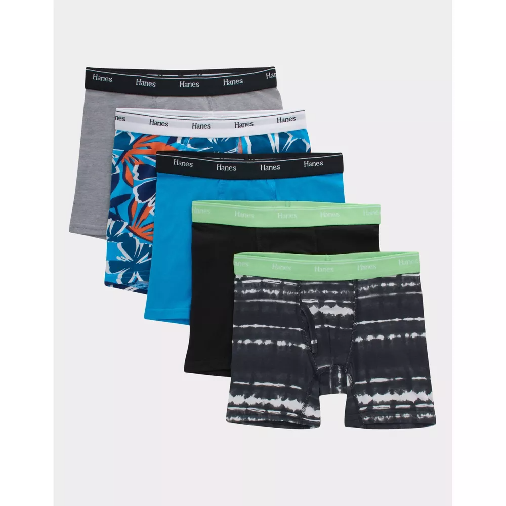 Set of 2- Hanes Boys' 5pk Originals Floral Boxer Briefs - Blue/Gray/Black XL