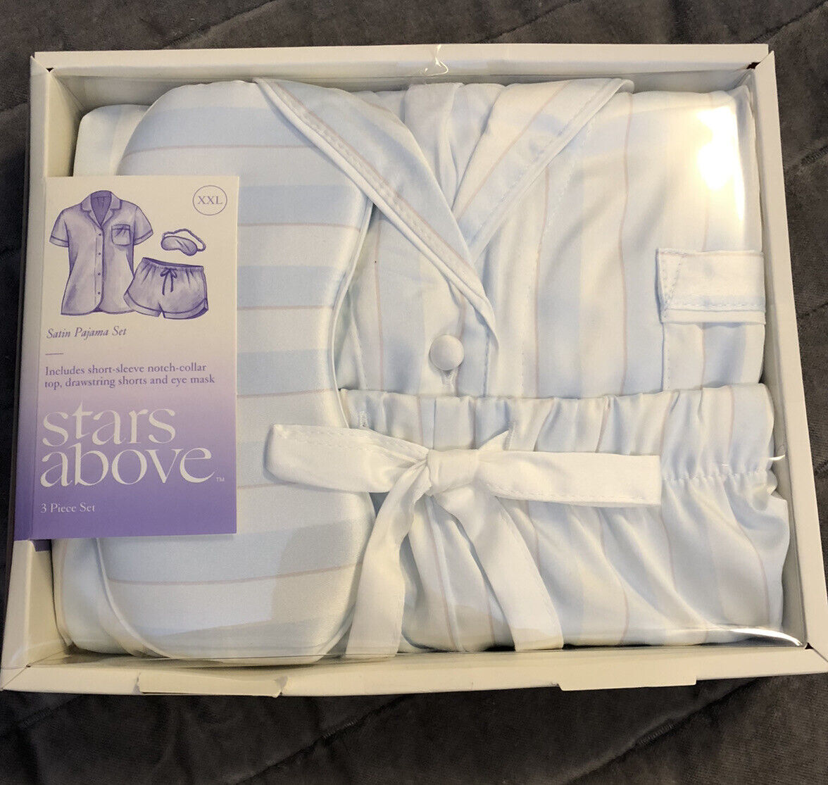 Women's Size XXL 3pc Striped Satin Short Sleeve Notch Collar Top Shorts Pajama Set (open box)