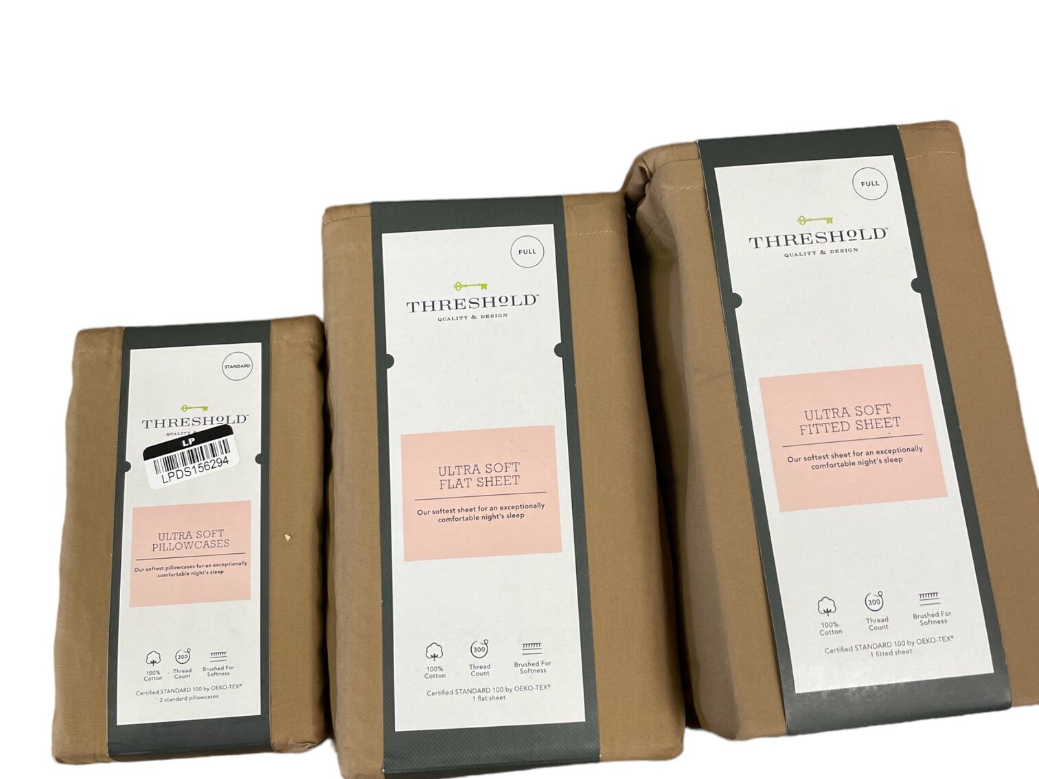 Set of Threshold Size Full Flat Sheet Fitted Sheet and 2pk Pillow Case