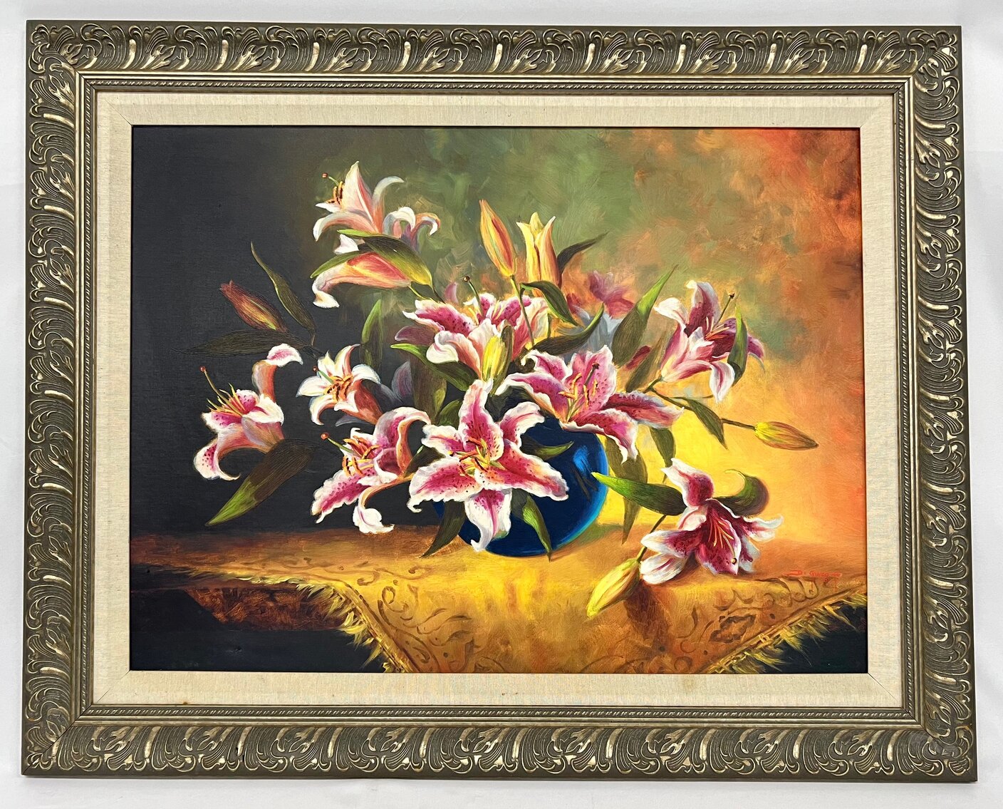 Fran Di Giacomo: Framed Textured Giclee Still Life of Blooming Lilies in a Round Bowl - 40" x 32"