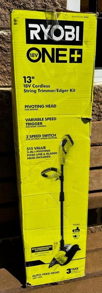 NIB Ryobi 18v One+ 13in 18v Cordless String Trimmer/Edger Kit w/ Battery & Charger