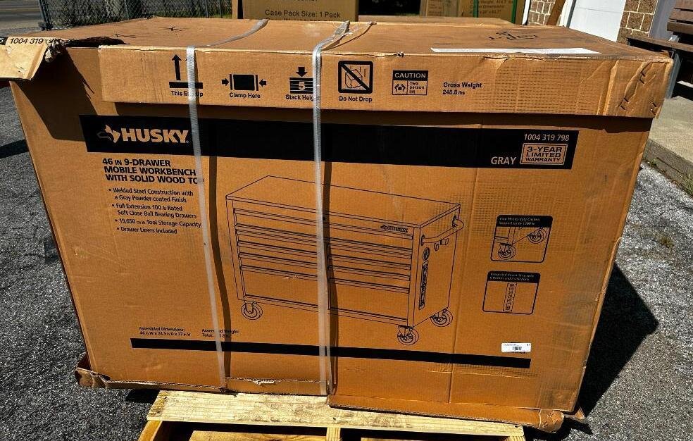 Husky 46in 9-Drawer Mobile Workbench w/ Solid Wood Top, Gray Powder-Coated Finish