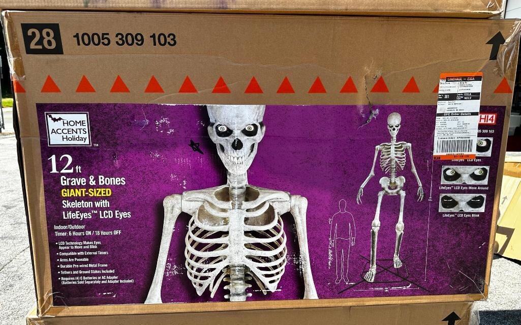 New Home Accents Holiday 12 Feet Grave & Bones Giant-Sized Skeleton w/ LifeEyes LCD Eyes, Indoor/Outdoor