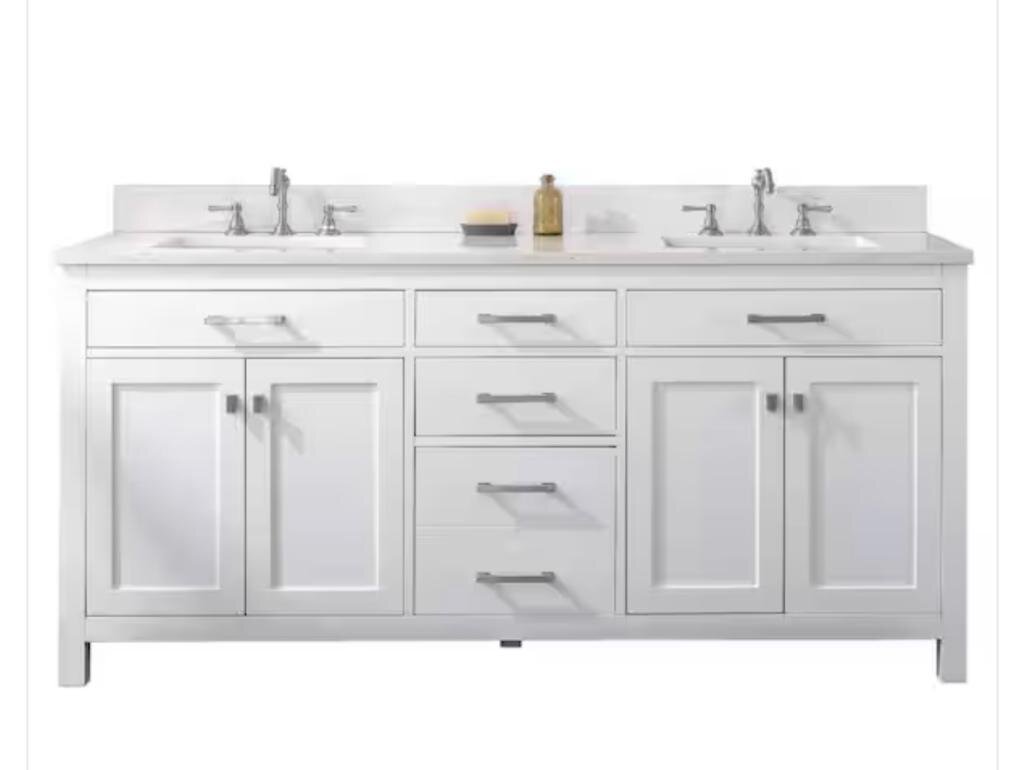 Sudio Jasper 72in W x 22in D Bath Vanity in White w/ Stone Vanity Top in Carrara White w/ White Basin